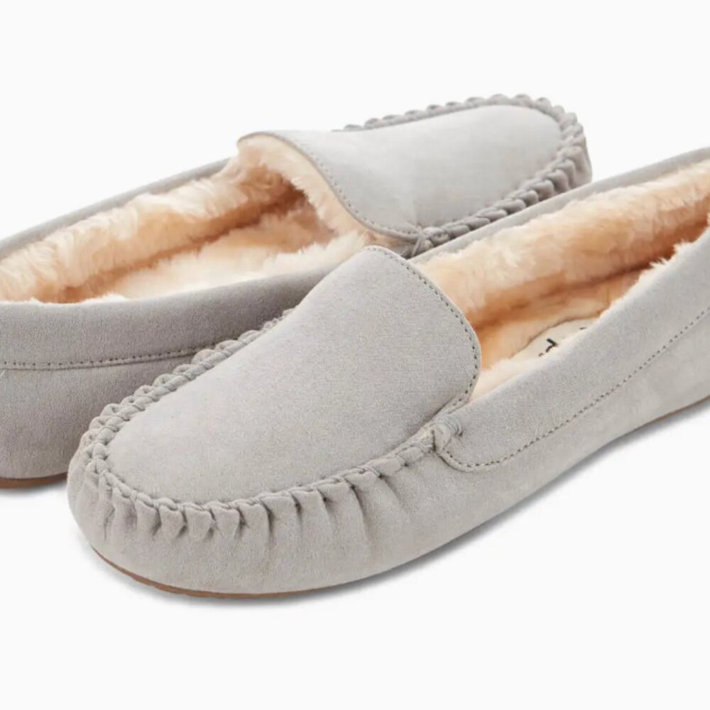 FLOOPI Women's Gray Moccasin Shoes Slippers NEW Indoor Outdoor